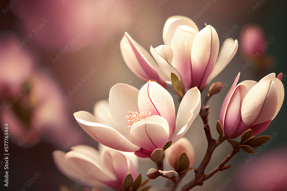 Fototapeta premium Closeup of blooming magnolia tree in spring on pastel bokeh background. Generative Ai