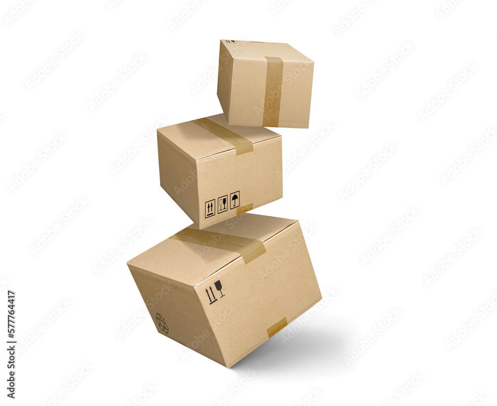 Closed and taped cardboard parcel boxes falling on transparent background with shadow - obrazy, fototapety, plakaty 