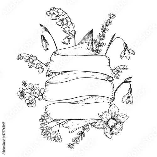 Wallpaper Mural Floral banner for greeting card. Ribbon for text. Place for text. Hand-drawn flower sketches. Design elements. Vector illustration. Vintage style. Torontodigital.ca