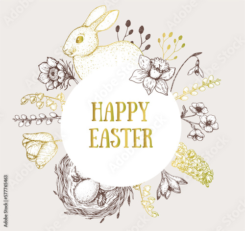 Easter vector illustration. Hand drawn sketches. Design elements. Hand drawn easter bunny, easter eggs, spring flowers, basket with eggs. Vintage engraved style.