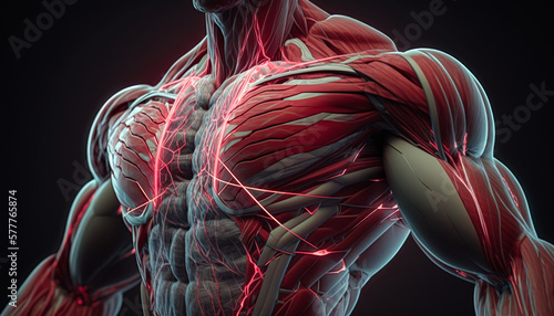 human muscle anatomy chest, arms, shoulders, abdominals, torso with electrical nerve impulses
