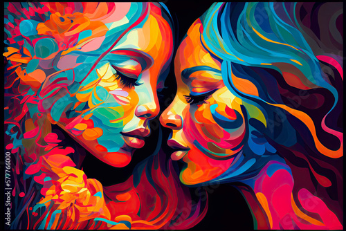 Same-sex couple hugging each other, surrounded by vibrant rainbow-colored decorations. illustration generated with artificial intelligence.