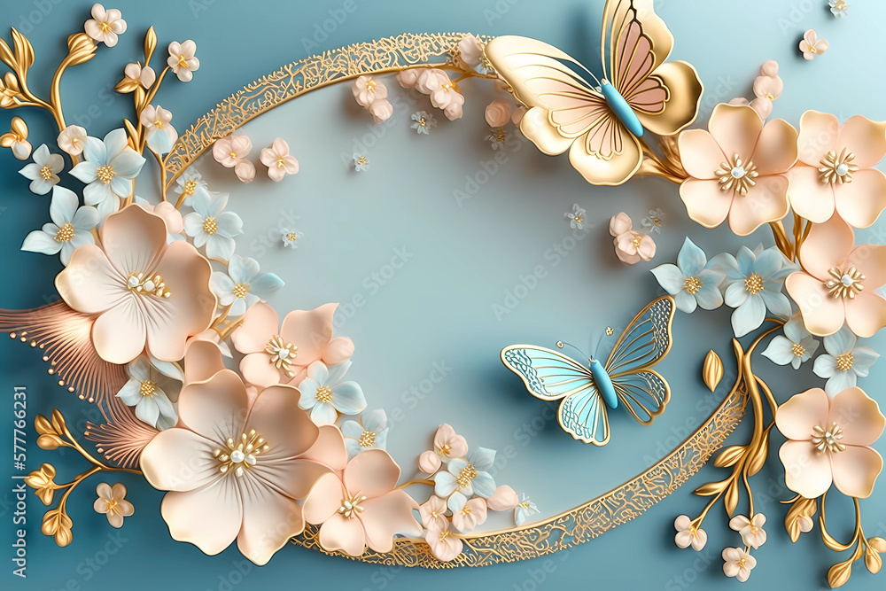 Decorative blue background with pink flowers and butterflies, frame for ...