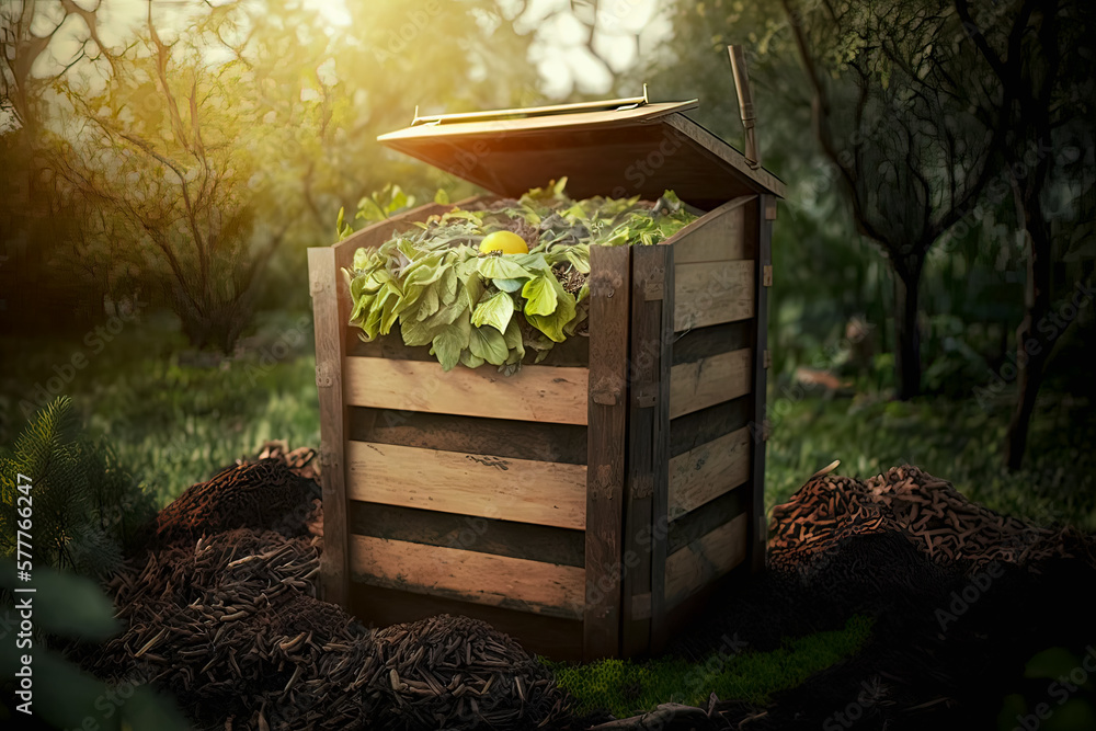 Homemade wooden compost bin in the garden. Recycling organic