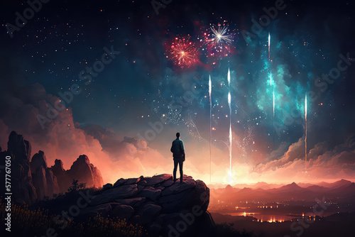 a man watching fireworks from a far digital art, painting, 3d illustration (ai generated) © ImagineDesign