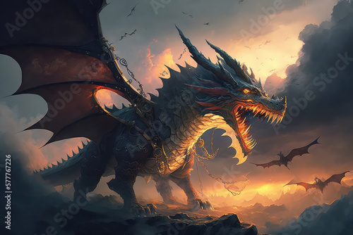 Fire breathes explode from a giant dragon in a black night, the epic battle evil concept art (ai generated) © ImagineDesign