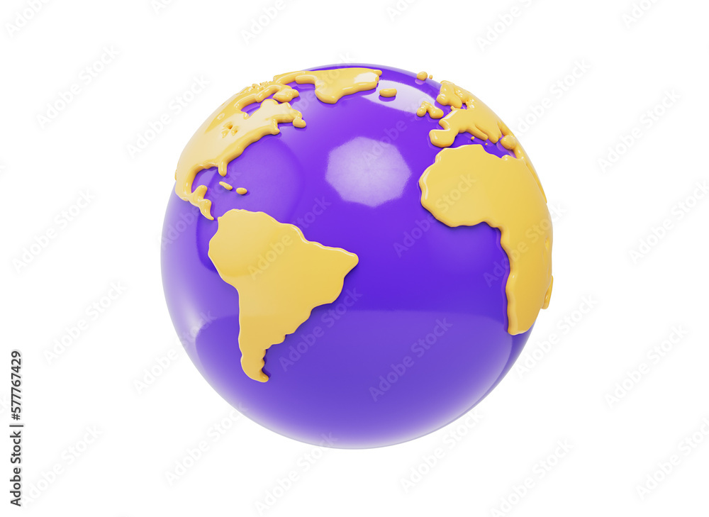 3D globe icon with world map. Cute cartoon earth illustration. Earth day celebration icon. Isometric world map. Cartoon style design 3D icon isolated on white background. 3D rendering.