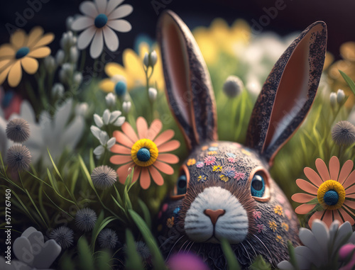 Happy Easter background concept Bunny with easter eggs on meadow with flowers created with Generative AI technology