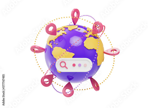 3D globe icon with map pin for travel destinations and search bar. Cute cartoon globe with pin icon. Travel planning concept. Cartoon style design 3D icon isolated on white background. 3D rendering. (ID: 577767485)