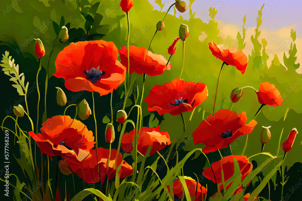 Fototapeta premium Wonderful poppy flowers in the field in spring. Generative Ai