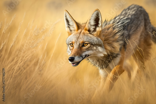Jackal in the wild a jackal hunting outdoors. Jackal on the prowl. 3D realistic illustration. Based on Generative AI photo