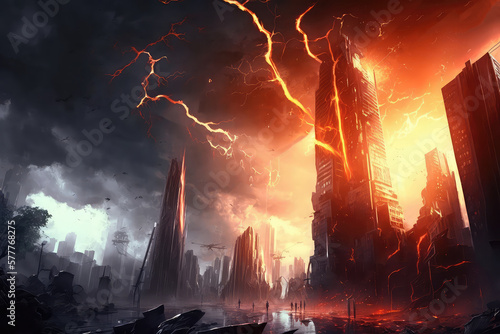 illustration painting of red thunder cityscape, the burning city, digital art style, digital painting. (ai generated) photo