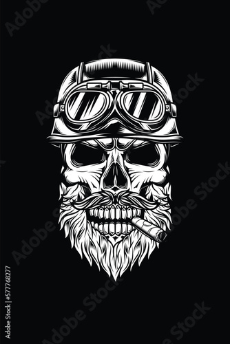 Original vector illustration in vintage style. Brutal skull biker motorcycle helmet with beard and moustache, with a cigar in his mouth. T-shirt design, design element.