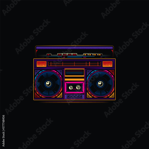 Original vector illustration in vintage style. Boombox. Retro icons portable stereo cassette recorder. T-shirt design.