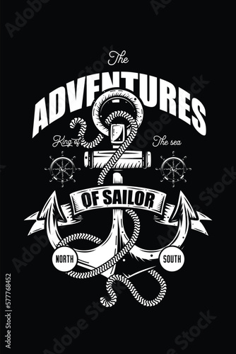 Original vector illustration in vintage style. Bright anchor, with rope and ribbon for lettering. T-shirt design, design element.