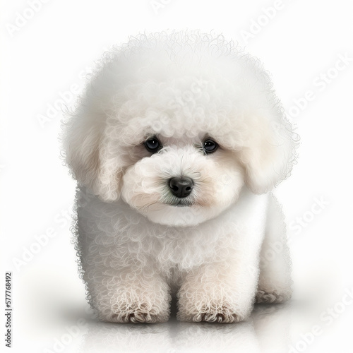 Cute small dog bichon frize isolated on white background. 3D realistic illustration. Based on Generative AI