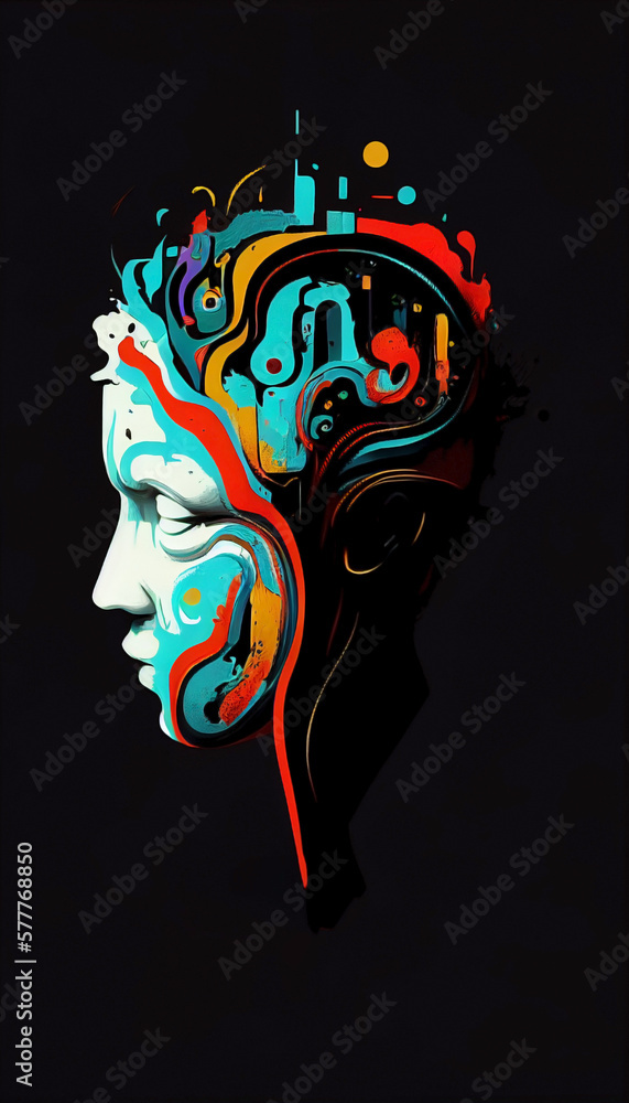 Ai generated. Dark background with colorful patterns. Silhouette of a ...