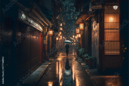 Japanese backstreet at night with a person holding an umbrella  raining