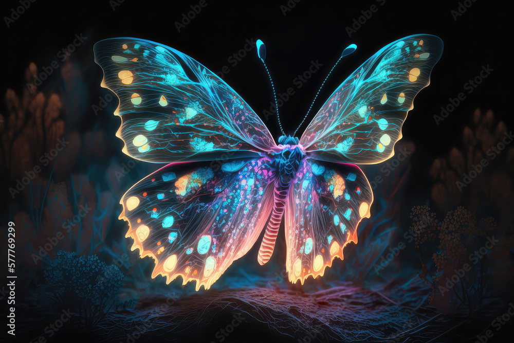 Night glowing butterflies on dark abstract background. (ai generated)