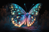 Night glowing butterflies on dark abstract background. (ai generated)