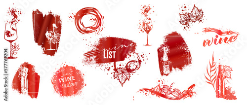 Wine Designs - Collection of wine glasses and bottles. Hand drawn elements for invitation cards, advertising banners, menus in gold style. Wine glasses with splashing wine. Sketch vector illustration.