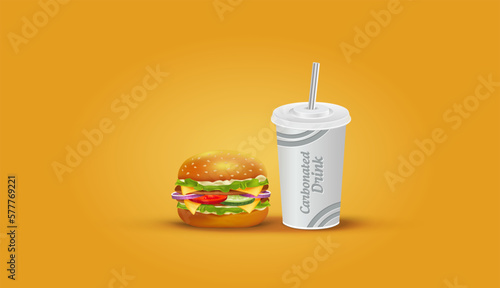 Realistic Vector Carbonated Cold Drink and Burger Illustration.