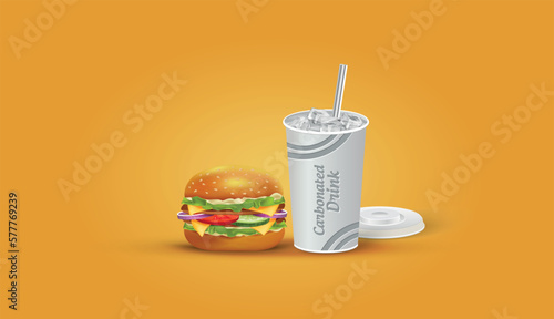 Realistic Vector Carbonated Cold Drink and Burger Illustration.