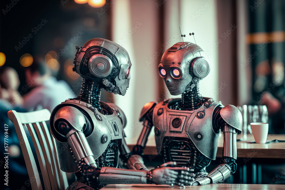 Coupled humanoid robots in a café, flirting and affectionately