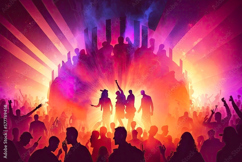 double exposure music festival with people dancing and flashing lights background digital