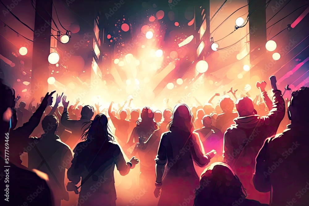 double exposure music festival with people dancing and flashing lights background digital