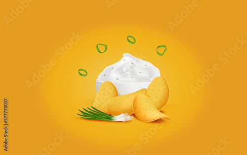 Vector Chips with Onion and Sour Cream. Food illustration. 
