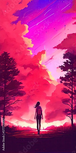 Red landscape and girl walking. Generative AI