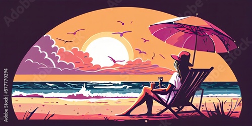 Scene of a girl on the idyllic beach. Generative AI