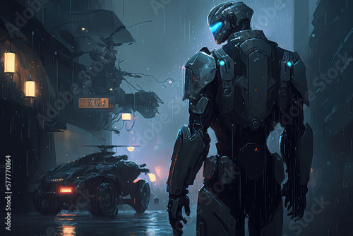 illustration painting of Robots back view on the streets of an abandoned futuristic city on a rainy day.  digital art style.  ai generated 