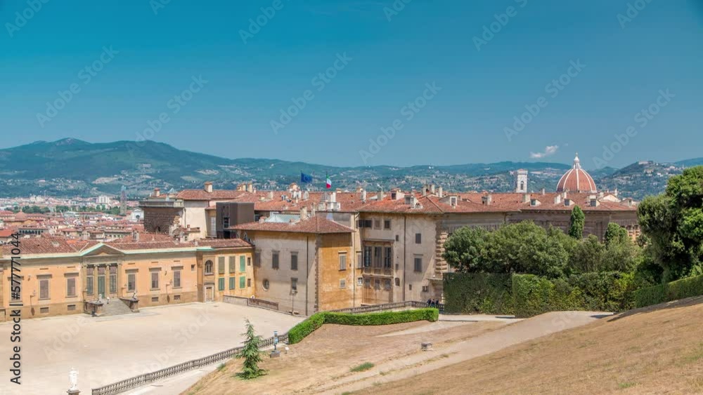 Beautiful landscape from above timelapse. Panorama on historical buildings aerial view of the Florence from Boboli Gardens (Giardino di Boboli ) point. Italy. Red roofs with flags Beautiful landscape from above timelapse. Panorama on historical buildings aerial view of the Florence from Boboli Gardens (Giardino di Boboli ) point. Italy. Red roofs with flags