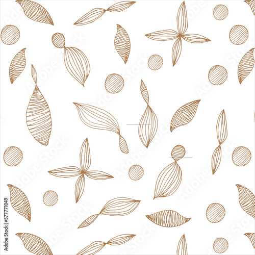 seamless pattern with golden abstract leaves, shapes, circles, ornament, print for wallpapers, clothes, bed linen, curtains, postcards, textiles, gift wrapping