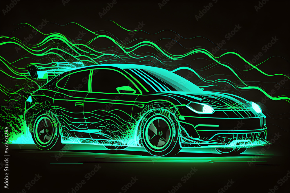 Green glowing in the dark car on high speed Green glowing in the dark car on high speed