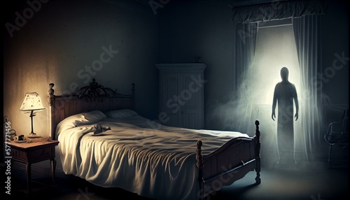 A ghostly figure standing at the foot of a bed, staring down at the sleeping occupant. Generative AI