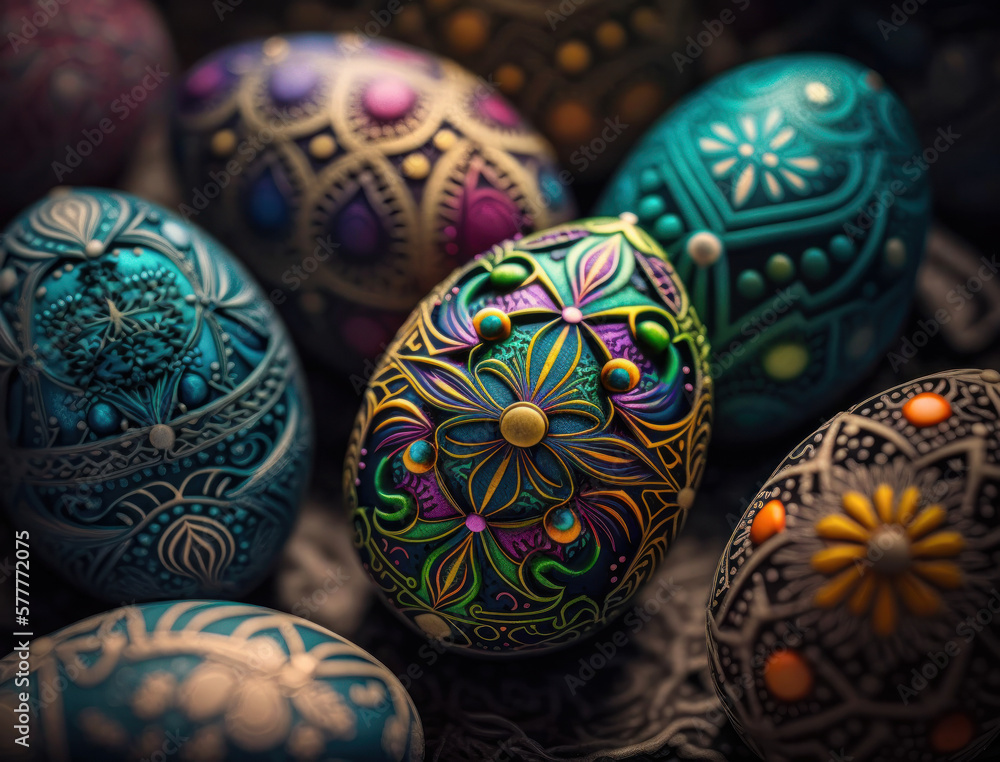 Happy Easter background concept with colorful easter eggs flat lay created with Generative AI technology Happy Easter background concept with colorful easter eggs flat lay created with Generative AI technology