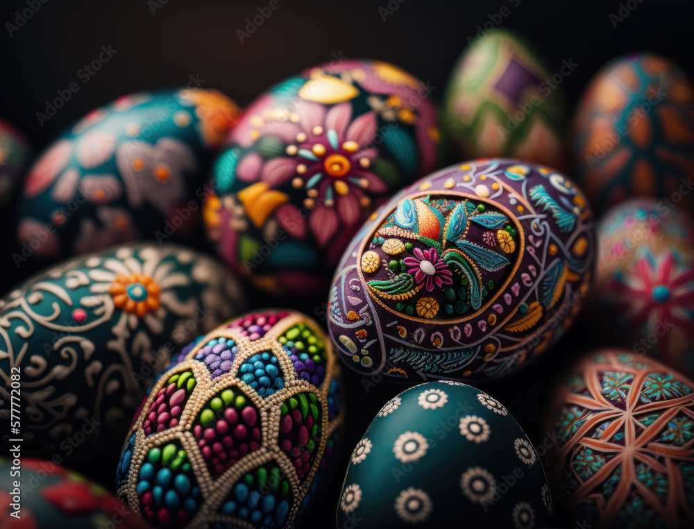 Happy Easter background concept with colorful easter eggs flat lay created with Generative AI technology Happy Easter background concept with colorful easter eggs flat lay created with Generative AI technology