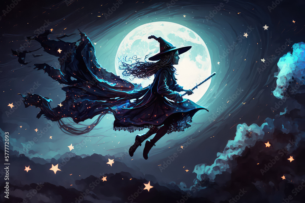 A witch flying on a broomstick, with bats accompanying her in front of ...