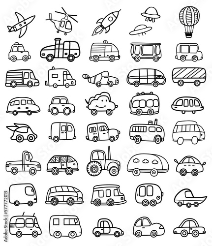 Land and air vehicles doodles as if drawn by a child. A set of 41 pieces. Generative AI