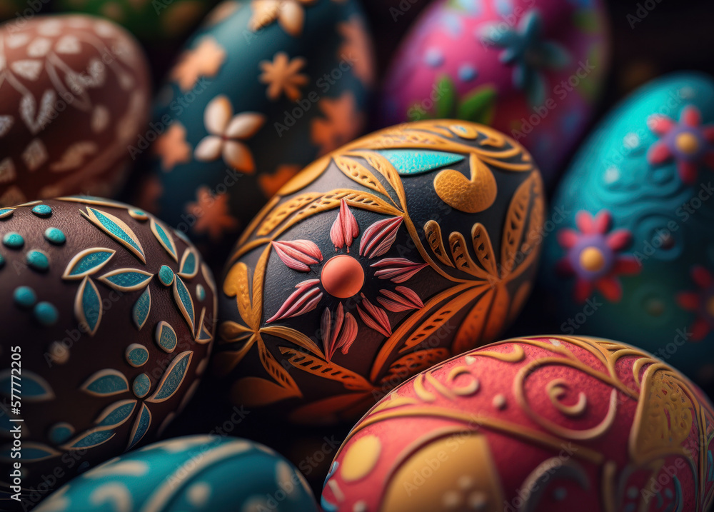 Happy Easter background concept with colorful easter eggs flat lay created with Generative AI technology Happy Easter background concept with colorful easter eggs flat lay created with Generative AI technology