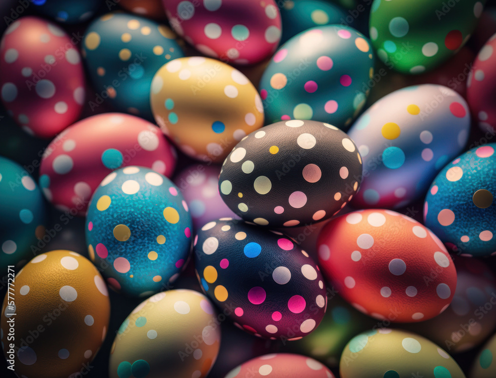 Happy Easter background concept with colorful easter eggs flat lay created with Generative AI technology Happy Easter background concept with colorful easter eggs flat lay created with Generative AI technology