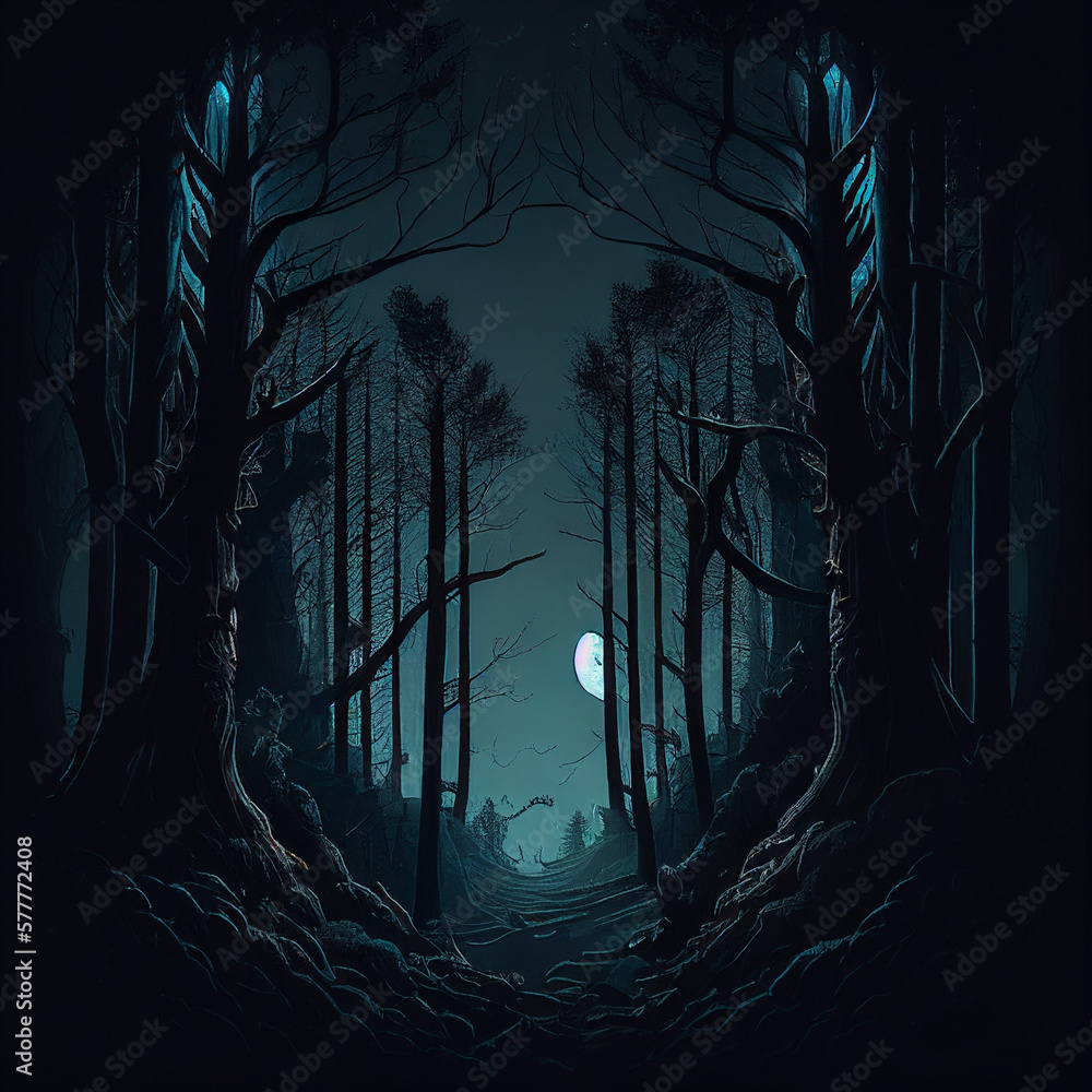 Fototapeta premium Dark forest in the middle of the night