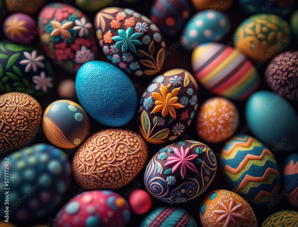 Happy Easter background concept with colorful easter eggs flat lay created with Generative AI technology Happy Easter background concept with colorful easter eggs flat lay created with Generative AI technology