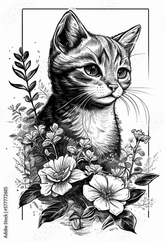 Sweet Cat Portrait with Flowers - 80's sweater kitty Sketch Line Drawing Style Cute, Sweet, Cat, Portrait, Sketch, Line Drawing, Style, Flowers, Adorable, Drawn, Picture (generative AI, AI) photo