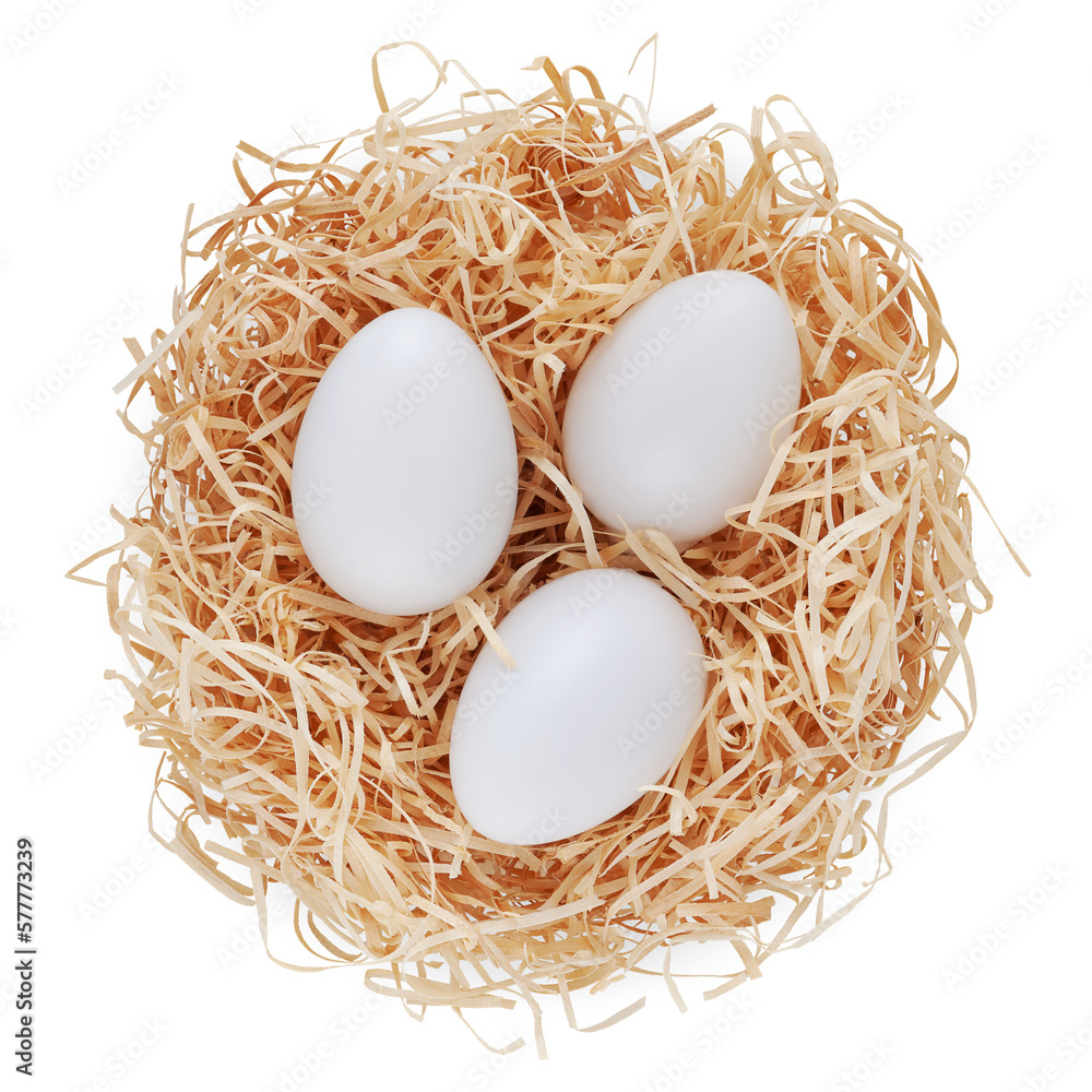 Straw nest filled with white eggs, top view isolated on transparent background. Happy Easter decorations, template for tag, gift greeting card, advertising promo shopping banner or ticket price Straw nest filled with white eggs, top view isolated on transparent background. Happy Easter decorations, template for tag, gift greeting card, advertising promo shopping banner or ticket price