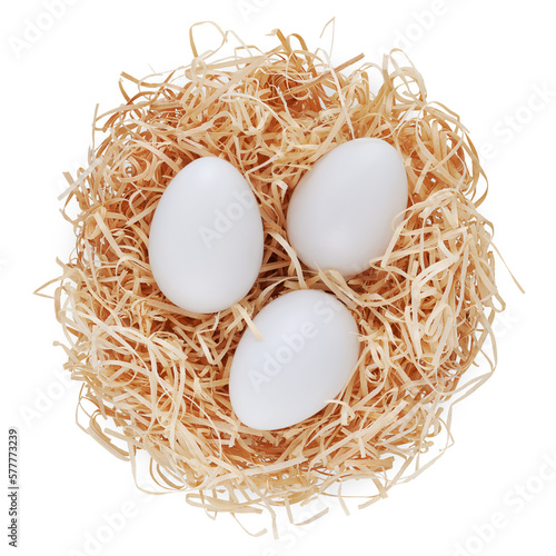 Straw nest filled with white eggs, top view isolated on transparent background. Happy Easter decorations, template for tag, gift greeting card, advertising promo shopping banner or ticket price photo