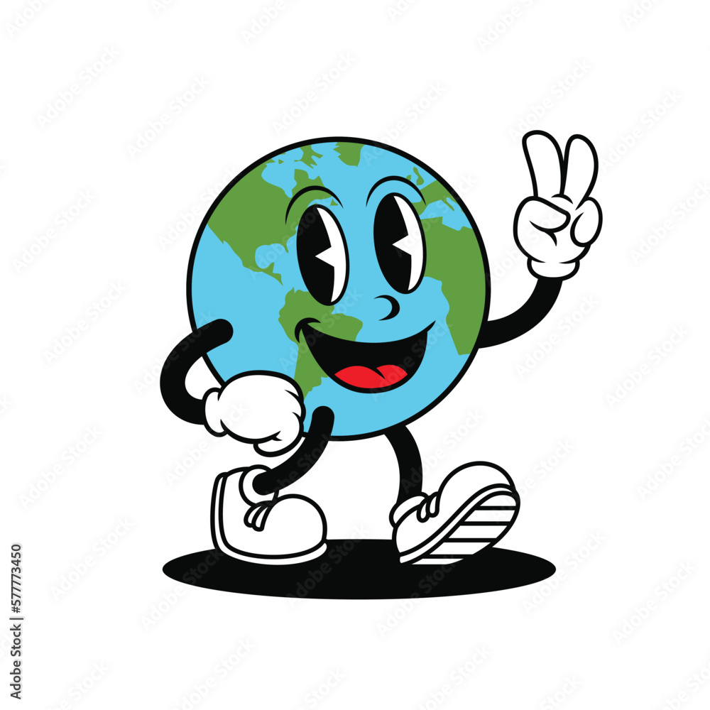 Earth cartoon retro. by the hand of peace. earth mascot illustration Earth cartoon retro. by the hand of peace. earth mascot illustration
